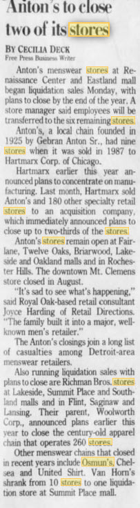 Antons - October 1992 Stores Closing